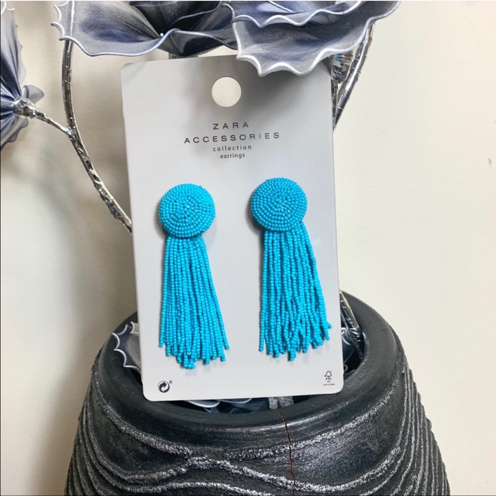 Zara Blue Beaded Tassel Earrings - Picture 3 of 4